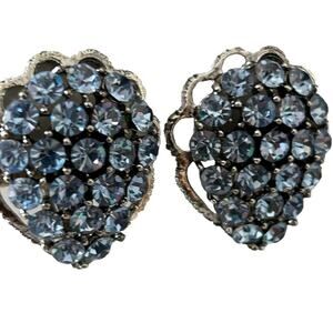 Weiss Signed Earrings Clip On Rhinestone Pear Light Blue Signed 1.25" Sparkly
